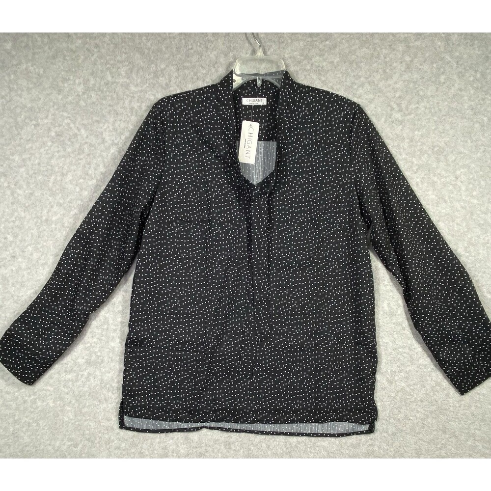 Women Blouse Sz M Black Polka Dot Business Wear V-Neck Loose Fit Long Sleeve Bow